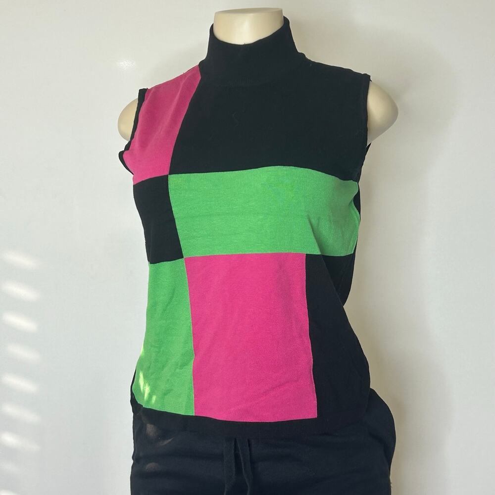 Vintage Y2K City Silk Stretch Colorblock Silk Blend Top Sleeveless Mock Neck L